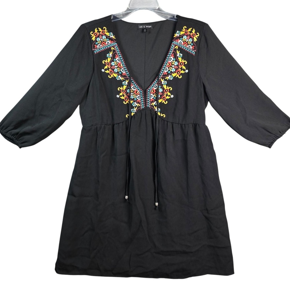 As U Wish Black Embroidered Boho Babydoll Dress Medium A7617102